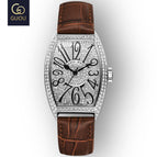 Fashion Guou 8200 Top Brand Luxury Man Watch Rose Gold Quartz Dress Full Rhinestone Barrel Casual Genuine leather & Steel Hight Gift
