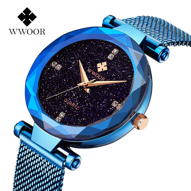 Fashion WWOOR Luxury Stainless Steel Watches Women Quartz Bracelet Watch Ladies Dress Watches Blue Clock relogios Montre Femme
