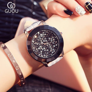 GUOU Brand Leather Belt Women's Quartz Crystal Watches Reloj Mujer Relojes Fashion Ladies Clock Relogio Feminino Montre Femme