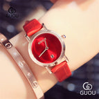 GUOU Red Leather Watches for Women Small Dial Gold Plated Ladies Wristwatches Waterproof Girl Female Clock with Calendar 8127PX