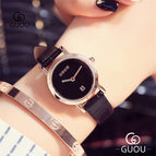 GUOU Red Leather Watches for Women Small Dial Gold Plated Ladies Wristwatches Waterproof Girl Female Clock with Calendar 8127PX