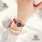 GUOU Red Leather Watches for Women Small Dial Gold Plated Ladies Wristwatches Waterproof Girl Female Clock with Calendar 8127PX