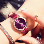 GUOU Red Leather Watches for Women Small Dial Gold Plated Ladies Wristwatches Waterproof Girl Female Clock with Calendar 8127PX