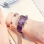 GUOU Square Dial Women Watch with Date Leather Band 16mm Rose Gold Female Water Proof Rectangle Ladies Quartz Wristwatches 8089