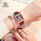 GUOU Square Dial Women Watch with Date Leather Band 16mm Rose Gold Female Water Proof Rectangle Ladies Quartz Wristwatches 8089