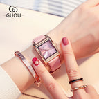GUOU Square Dial Women Watch with Date Leather Band 16mm Rose Gold Female Water Proof Rectangle Ladies Quartz Wristwatches 8089