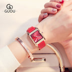 GUOU Square Dial Women Watch with Date Leather Band 16mm Rose Gold Female Water Proof Rectangle Ladies Quartz Wristwatches 8089