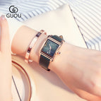 GUOU Square Dial Women Watch with Date Leather Band 16mm Rose Gold Female Water Proof Rectangle Ladies Quartz Wristwatches 8089