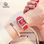 GUOU Square Dial Women Watch with Date Leather Band 16mm Rose Gold Female Water Proof Rectangle Ladies Quartz Wristwatches 8089