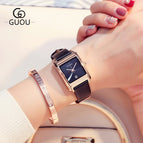 GUOU Square Dial Women Watch with Date Leather Band 16mm Rose Gold Female Water Proof Rectangle Ladies Quartz Wristwatches 8089