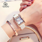 GUOU Square Dial Women Watch with Date Leather Band 16mm Rose Gold Female Water Proof Rectangle Ladies Quartz Wristwatches 8089