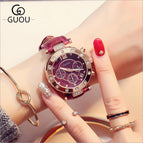 GUOU Watch Luxury Ladies Watch Fashion Quartz Watch Women Rhinestone Leather Casual Women's Watch Rose Gold relogio feminino