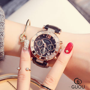 GUOU Watch Luxury Ladies Watch Fashion Quartz Watch Women Rhinestone Leather Casual Women's Watch Rose Gold relogio feminino