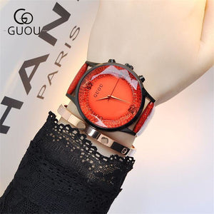 GUOU Watch Women Top Luxury Fashion Quartz Watch Ladies Wristwatch Genuine Leather Diamond Women Watches saat relogio feminino