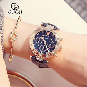 GUOU Women's Watches 2019 Ladies Watch Women Diamond Watches Bracelets For Women Montre Femme Auto Calendar Clock Leather Saat
