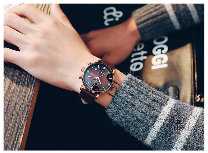 Guou Retro Men Quartz Watch Calendar Japan Waterproof Genuine Leather Fashion Large Dial Wristwatch Top Luxury Brand Gift Man