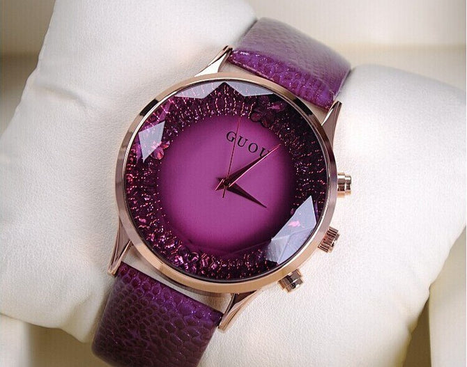 HK GUOU Brand Quartz Lady watch Rhinestone Waterproof Women's Watch Genuine Leather Upscale Large Dial Luxury Gift Wristwatches
