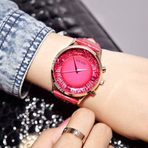 HK GUOU Brand Quartz Lady watch Rhinestone Waterproof Women's Watch Genuine Leather Upscale Large Dial Luxury Gift Wristwatches