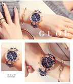 GUOU Watch Luxury Ladies Watch Fashion Quartz Watch Women Rhinestone Leather Casual Women's Watch Rose Gold relogio feminino