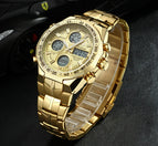 WWOOR All Steel Digital Men's Quartz LED Dual Display Military GOLD Clock Men's Luxury Alarm Waterproof Sports Watches 8019