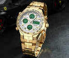 WWOOR All Steel Digital Men's Quartz LED Dual Display Military GOLD Clock Men's Luxury Alarm Waterproof Sports Watches 8019