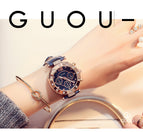 GUOU Watch Luxury Ladies Watch Fashion Quartz Watch Women Rhinestone Leather Casual Women's Watch Rose Gold relogio feminino