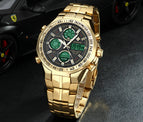 WWOOR All Steel Digital Men's Quartz LED Dual Display Military GOLD Clock Men's Luxury Alarm Waterproof Sports Watches 8019