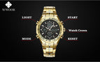 WWOOR All Steel Digital Men's Quartz LED Dual Display Military GOLD Clock Men's Luxury Alarm Waterproof Sports Watches 8019