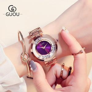 High Quality Hot Sales Women Rolling Drill Watches Luxury Quicksand Gift Watch Stainless Steel Rhinestone Wristwatches GUOU 8039