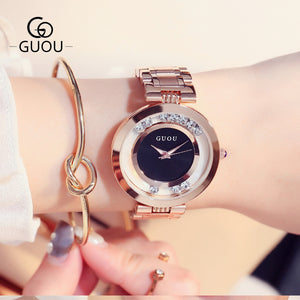 High Quality Hot Sales Women Rolling Drill Watches Luxury Quicksand Gift Watch Stainless Steel Rhinestone Wristwatches GUOU 8039