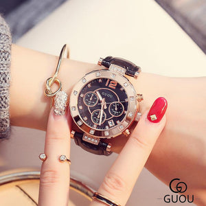 Ladies Watches GUOU Brand Luxury Women's Watch Three Eyes Rose Gold Dial Girls Quartz Wristwatches Hot zegarek damski