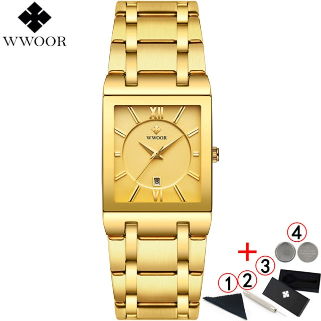 Men Watches Top Brand Luxury WWOOR Gold Black Square Quartz watch men 2019 Waterproof Golden Male Wristwatch Men watches 2019