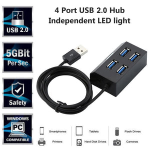Portable Independent LED Light 4 Port USB 2.0 Hub Splitter for Phone Tablet PC