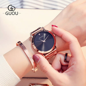 Relogio Feminino Women Watches Luxury Rose Gold Stainless Steel Wristwatch GUOU Brand Fashion Ladies Watch Quartz Watches Clock