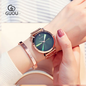 Relogio Feminino Women Watches Luxury Rose Gold Stainless Steel Wristwatch GUOU Brand Fashion Ladies Watch Quartz Watches Clock