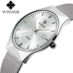 Top Brand Luxury WWOOR Men's Watches Stainless Steel Band Analog Display Quartz Wrist Watch Ultra Thin Dial Fashion Dress Watch