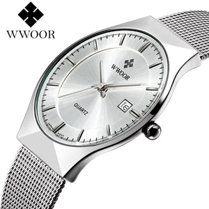 Top Brand Luxury WWOOR Men's Watches Stainless Steel Band Analog Display Quartz Wrist Watch Ultra Thin Dial Fashion Dress Watch