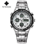 WWOOR All Steel Digital Men's Quartz LED Dual Display Military GOLD Clock Men's Luxury Alarm Waterproof Sports Watches 8019