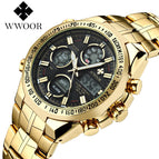 WWOOR All Steel Digital Men's Quartz LED Dual Display Military GOLD Clock Men's Luxury Alarm Waterproof Sports Watches 8019