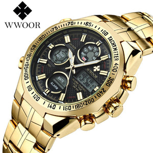 WWOOR All Steel Digital Men's Quartz LED Dual Display Military GOLD Clock Men's Luxury Alarm Waterproof Sports Watches 8019