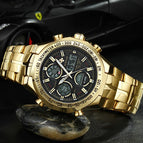 WWOOR All Steel Digital Men's Quartz LED Dual Display Military GOLD Clock Men's Luxury Alarm Waterproof Sports Watches 8019
