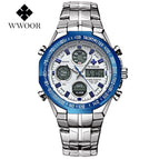 WWOOR All Steel Digital Men's Quartz LED Dual Display Military GOLD Clock Men's Luxury Alarm Waterproof Sports Watches 8019