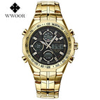 WWOOR All Steel Digital Men's Quartz LED Dual Display Military GOLD Clock Men's Luxury Alarm Waterproof Sports Watches 8019