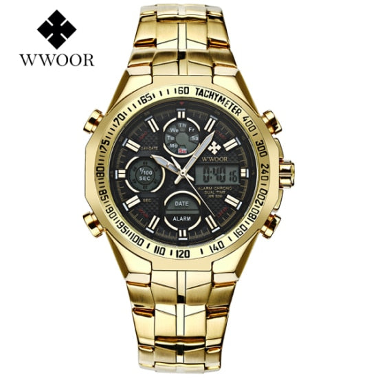 WWOOR All Steel Digital Men's Quartz LED Dual Display Military GOLD Clock Men's Luxury Alarm Waterproof Sports Watches 8019