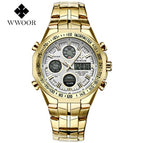 WWOOR All Steel Digital Men's Quartz LED Dual Display Military GOLD Clock Men's Luxury Alarm Waterproof Sports Watches 8019