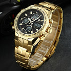 WWOOR All Steel Digital Men's Quartz LED Dual Display Military GOLD Clock Men's Luxury Alarm Waterproof Sports Watches 8019