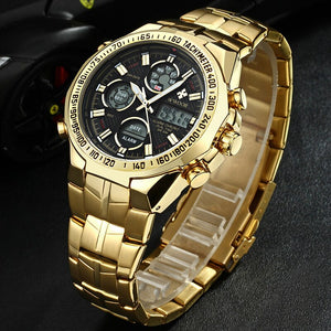 WWOOR All Steel Digital Men's Quartz LED Dual Display Military GOLD Clock Men's Luxury Alarm Waterproof Sports Watches 8019