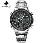 WWOOR All Steel Digital Men's Quartz LED Dual Display Military GOLD Clock Men's Luxury Alarm Waterproof Sports Watches 8019