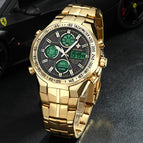 WWOOR All Steel Digital Men's Quartz LED Dual Display Military GOLD Clock Men's Luxury Alarm Waterproof Sports Watches 8019