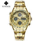 WWOOR All Steel Digital Men's Quartz LED Dual Display Military GOLD Clock Men's Luxury Alarm Waterproof Sports Watches 8019
